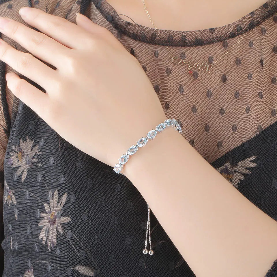 UMCHO Nano Sky Blue Topaz 925 Sterling Silver Chain Link Bracelets For Women Fine Jewelry Adjustable Bracelet