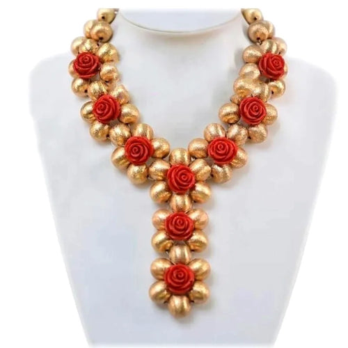 Splendid Dubai Red Flowers Women Indian Necklace Set Heart Wedding Jewelry Set