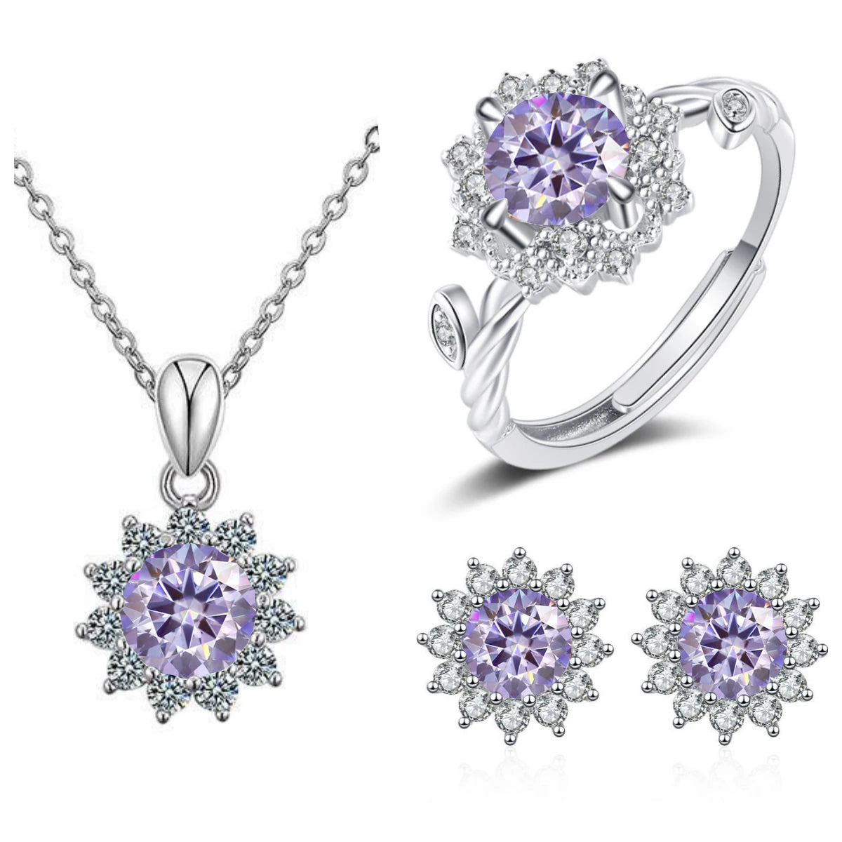 4CTW Moissanite Jewelry Set 925 Sterling Silver for Women Round Ring Necklace Earrings for Wedding Bridal Christmas