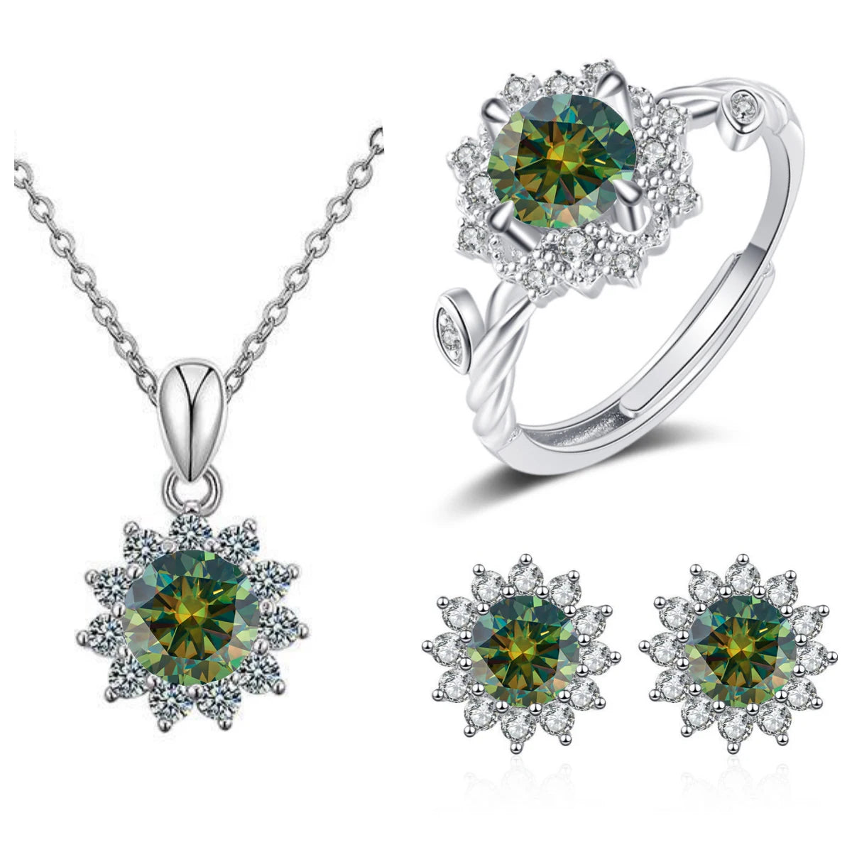 4CTW Moissanite Jewelry Set 925 Sterling Silver for Women Round Ring Necklace Earrings for Wedding Bridal Christmas
