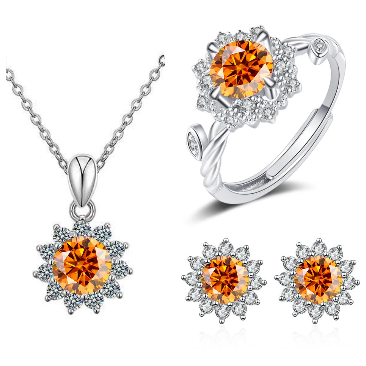 4CTW Moissanite Jewelry Set 925 Sterling Silver for Women Round Ring Necklace Earrings for Wedding Bridal Christmas