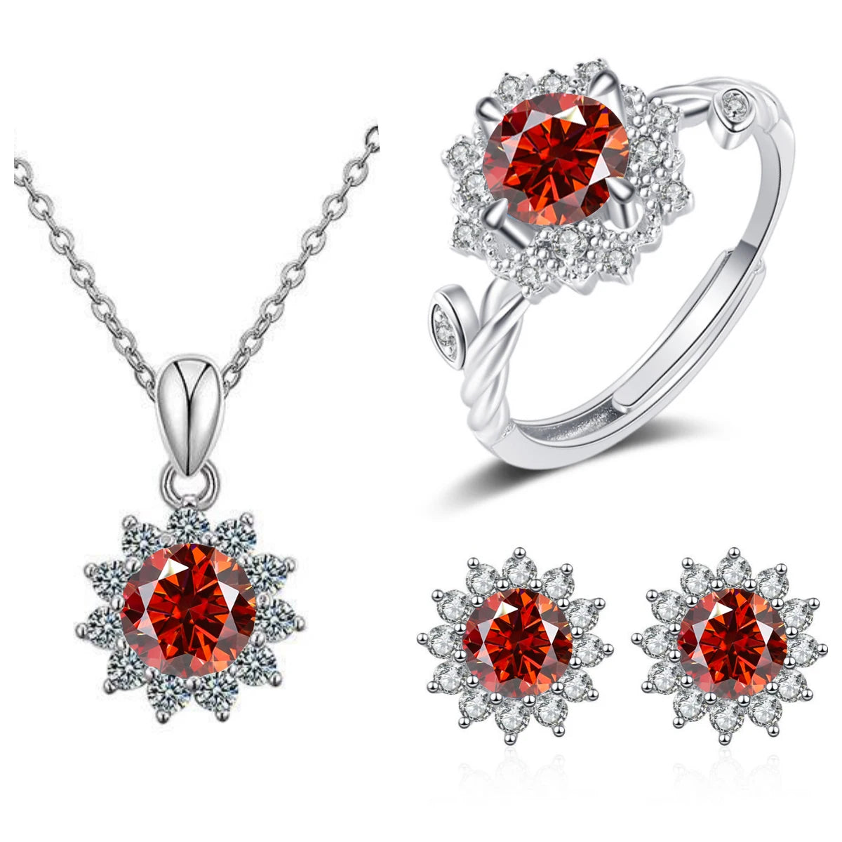 4CTW Moissanite Jewelry Set 925 Sterling Silver for Women Round Ring Necklace Earrings for Wedding Bridal Christmas
