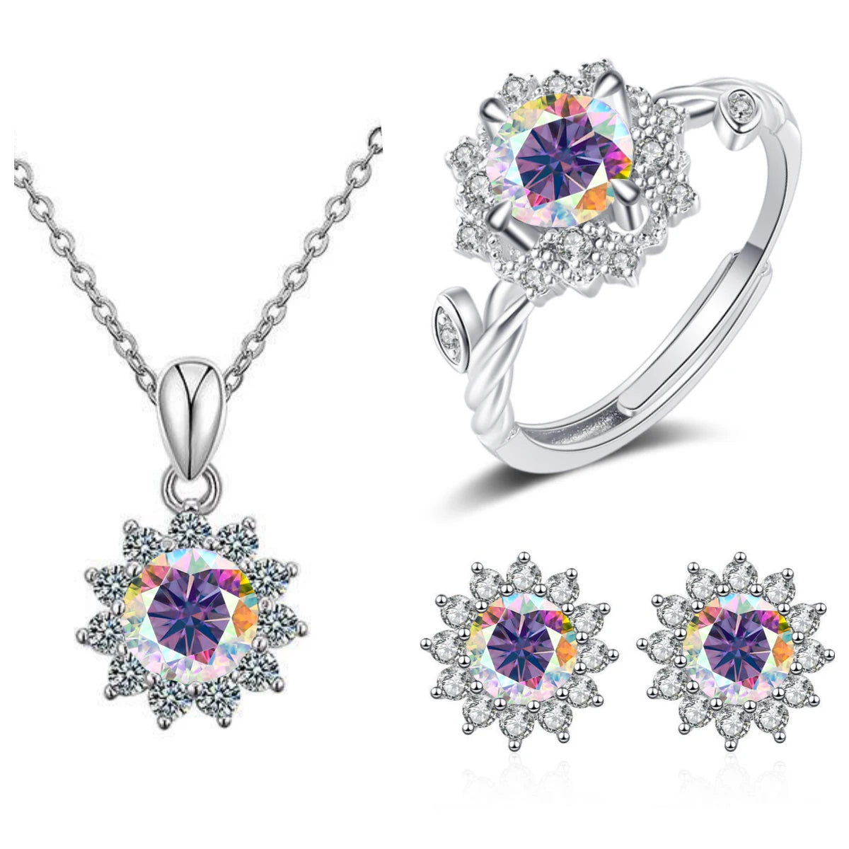 4CTW Moissanite Jewelry Set 925 Sterling Silver for Women Round Ring Necklace Earrings for Wedding Bridal Christmas