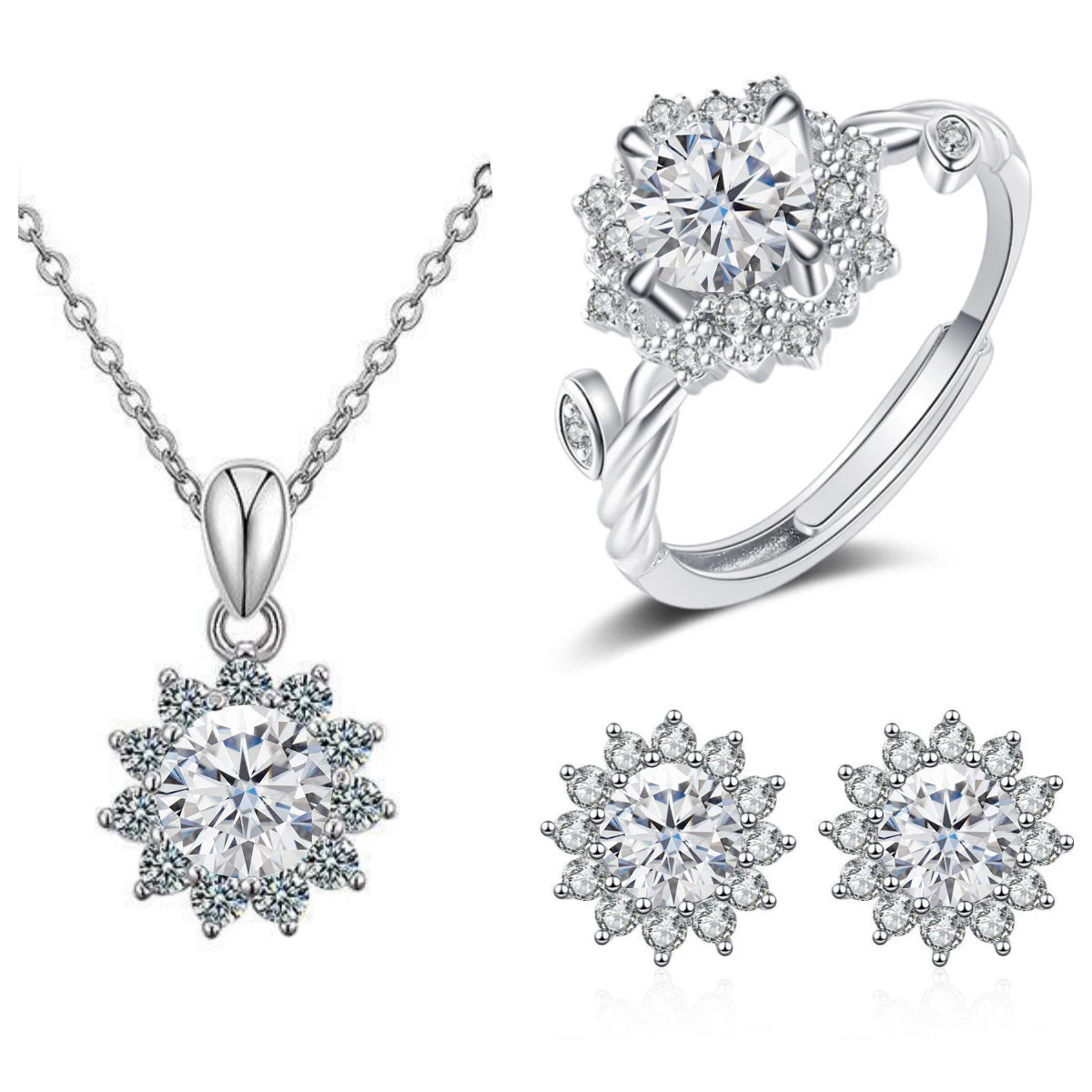 4CTW Moissanite Jewelry Set 925 Sterling Silver for Women Round Ring Necklace Earrings for Wedding Bridal Christmas
