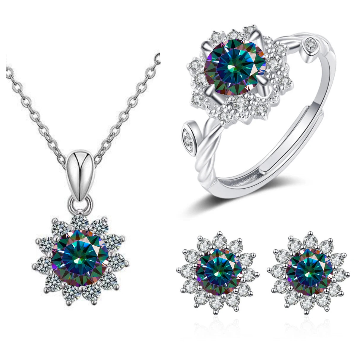 4CTW Moissanite Jewelry Set 925 Sterling Silver for Women Round Ring Necklace Earrings for Wedding Bridal Christmas